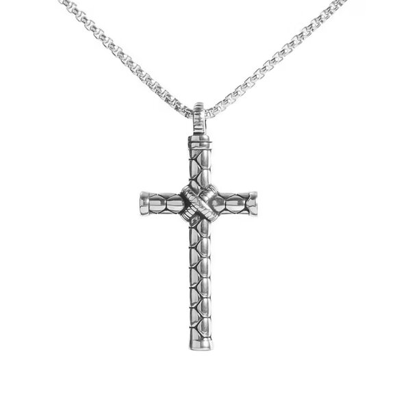 24" Mens 14K White Gold Large Cross Pendant Necklace Silver Bike Chain Jewelry - Picture 9 of 9